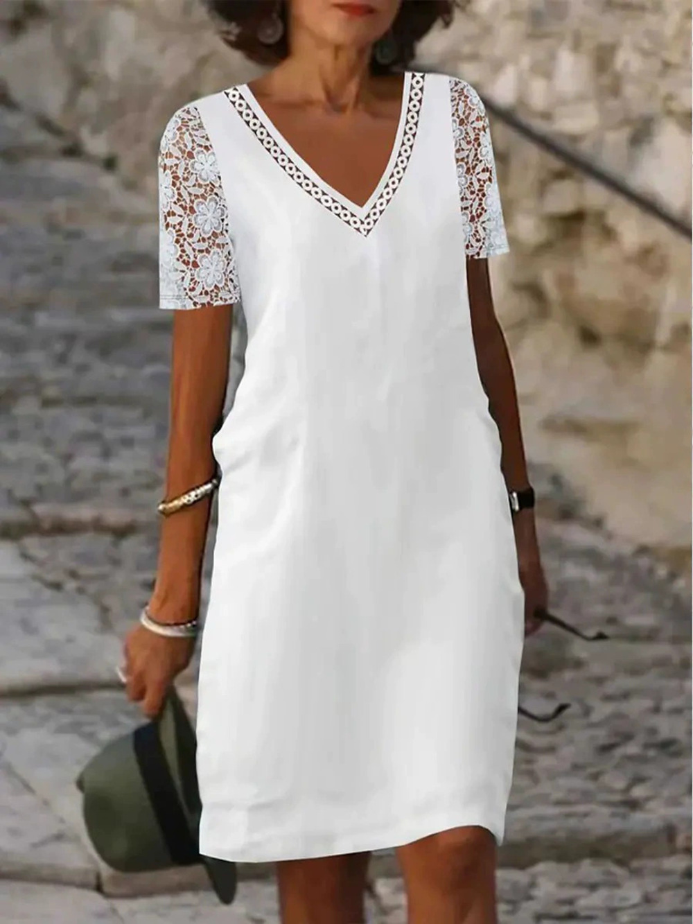 ZARA White Lace Cutout Collar Short Sleeve Dress